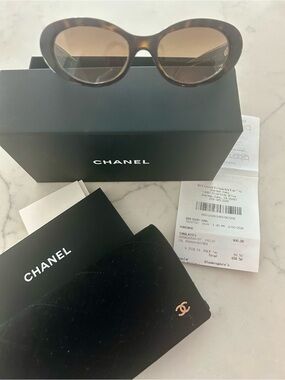CHANEL Brown Gradient Oval Sunglasses with Quilted Case